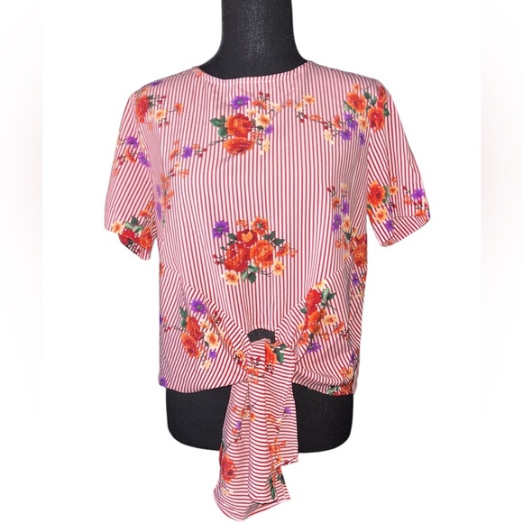 Blueh Ciel Red Summer Light And Airy Tie Up Floral Blouse - Picture 2 of 5